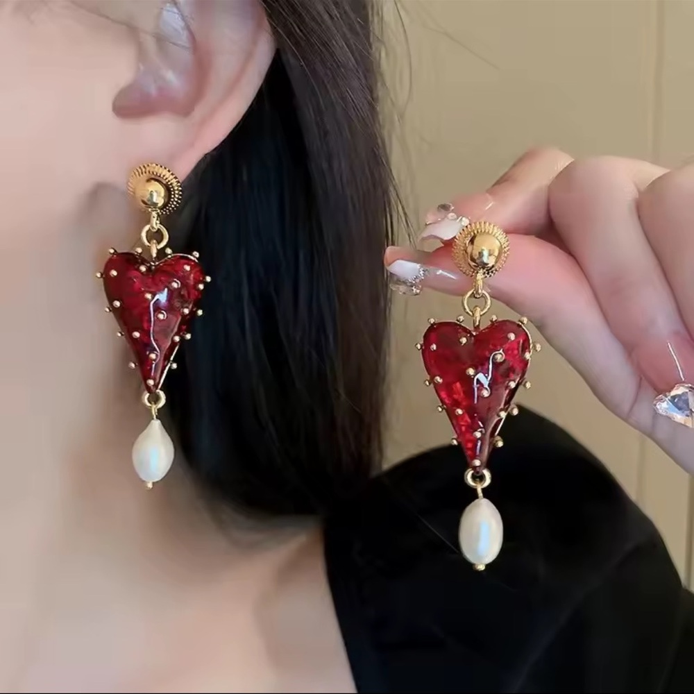 Red Heart Drop Earrings with Pearls